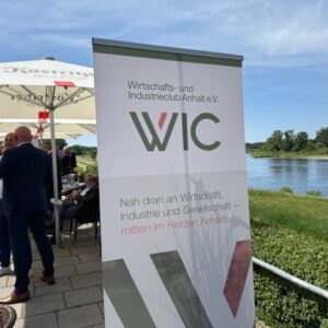 Das WIC Logo vor der Elbe am Kornhaus.